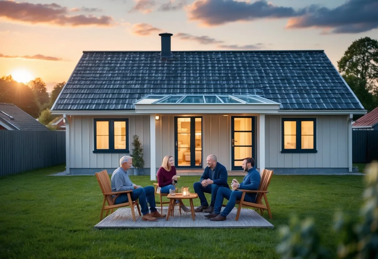 En familie i Støvring nyder en fredelig aften under deres nye tag med solen går ned i baggrunden